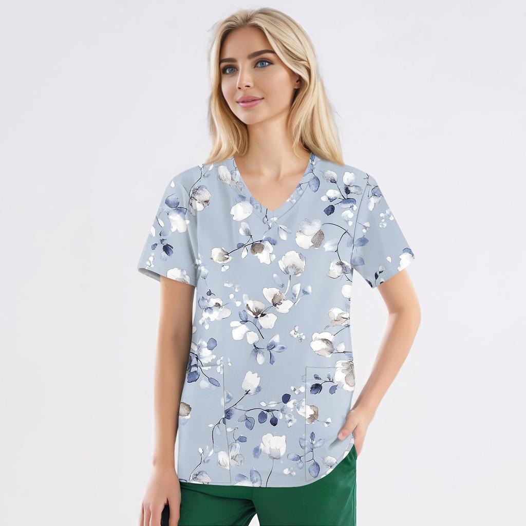 Plus Size Printed Scrub Working Uniform Tops For Women's V-Neck Short Sleeve Fun T-Shirts Workwear Tee With Pockets