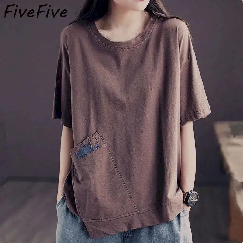 FiveFive Short-sleeved T-shirt Women Summer Tops Korean Style Loose Large Size Fashion T Shirt Pullover Women's Casual T-shirt