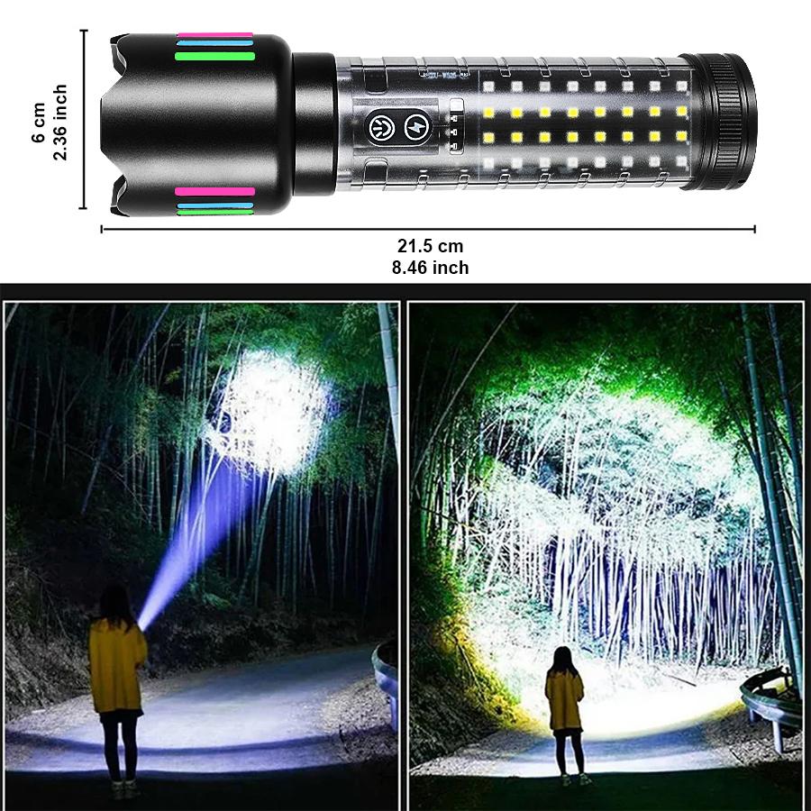 High Power LED Flashlight Fluorescent Torch Rechargeable Powerful Long Range Flashlight Built-in 3000mah Battery With COB Light