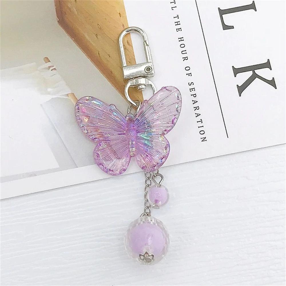 Cute Acrylic Butterfly Keychain Transparant Round Ball Tassel Keyring Women Bag Charm Earphone Case Car Key Pendant DIY Ornament