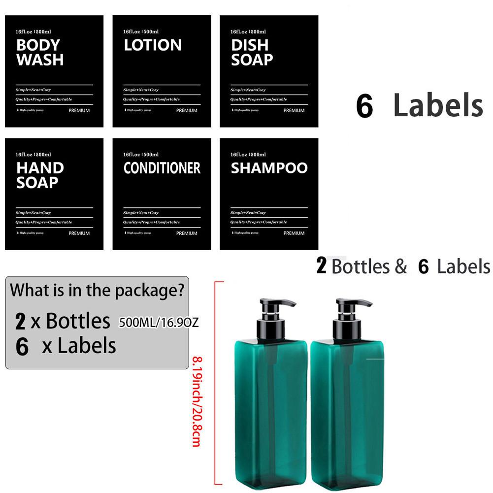 2pcs/set 500ml Square Empty Lotion Bottles with Labels Refillable Bottle Dispenser Containers Soap and Dish Soap Dispenser