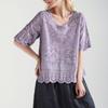 2024 Lace T-Shirt Summer Women Solid Pattern Cotton Casual Style Purple Loose Tops