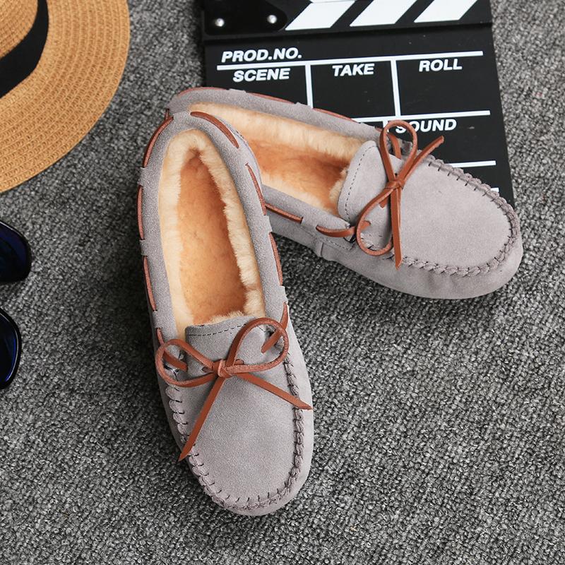 Women Winter Warm 100% Genuine Leather Flat Shoes Casual Loafers Slip On Women's Flats Plush Shoes Moccasins Lady 2024