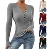 Women's Solid Color Button Knit Pullover V-neck Slim Fit Long Sleeved T-shirt Top