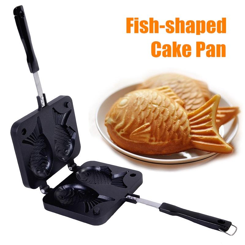 Japanese Non-Stick Taiyaki Fish-Shaped Bakeware Waffle Pan Maker 2 Molds Cake Baking Tools