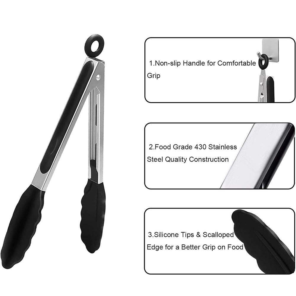 LMETJMA 3 In 1 Silicone Kitchen Cooking Tongs Set Stainless Steel Nonstick Food Tongs with Silicone Tips BBQ Grilling Tong JT303