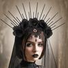 Gothic Queen Bride Costume Headband with Mesh and Rhinestone Lace Flower Crown for Halloween Cosplay Party Festivals