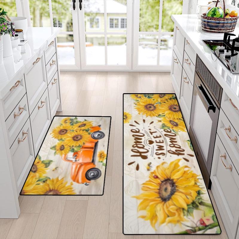 Sunflower Spring Floral Kitchen Mat & Doormat Set - Two Pieces