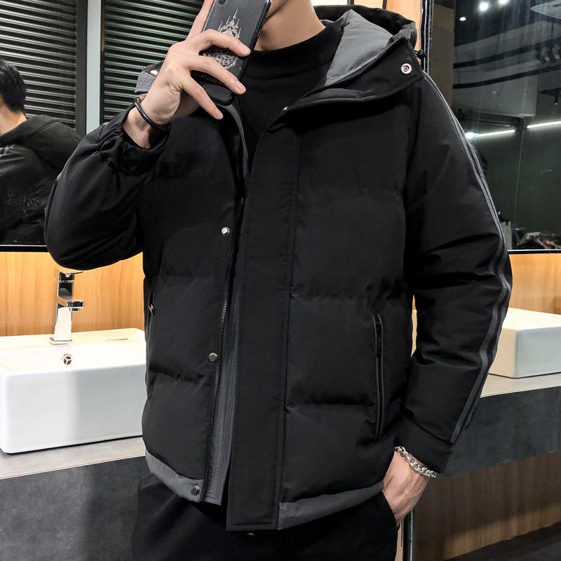 Cotton Coat Men's Autumn and Winter Coat Korean Style Trendy Green Two Stripes Cotton Jacket Casual Hooded Cotton Coat Warm Bread Coat