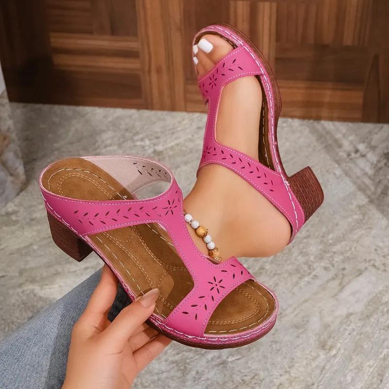 2025 Summer New Open Toe Women’s Slippers Round Toe Chunky Heels Outdoor Sewing Sandals for Hot Sale Plus Size Daily Slippers
