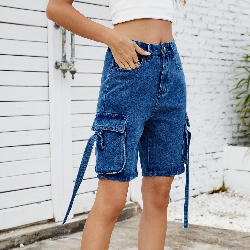 Women's Fashionable Solid Color Pocket Workwear Denim Casual Five Quarter Shorts
