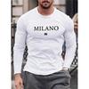 3D Milano Printed Casual Minimalist Sports Long Sleeved Men's T-shirts - Soft Medium Stretch Polyester Fabric Spring and Autumn Relaxed Fit Clothing