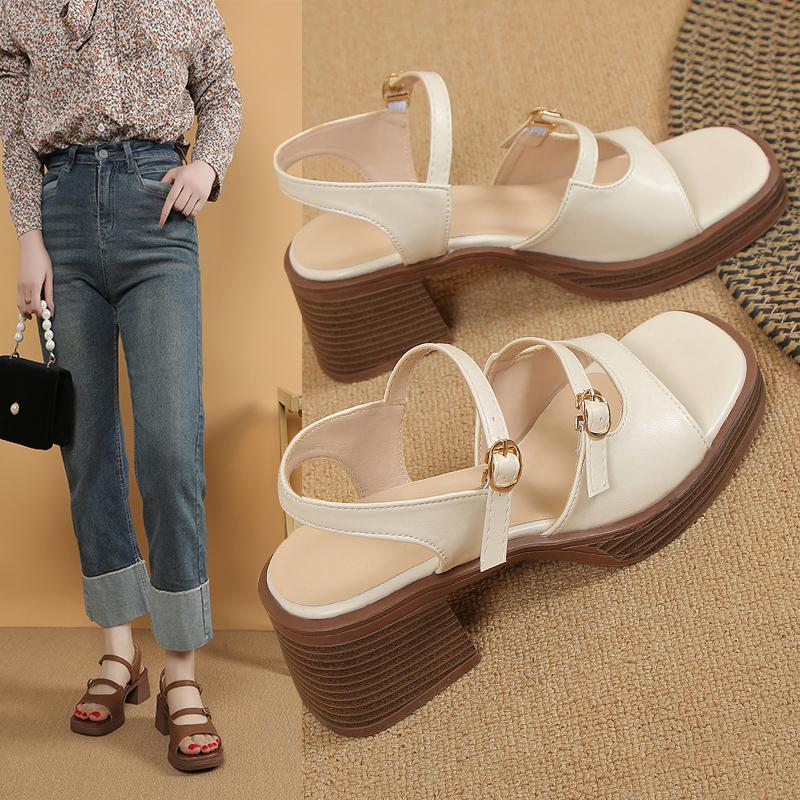 Fashion 2024 New Retro Genuine Leather Women's Sandals Square High Heels Office Platform Buckle Shoes
