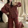 Christmas Red Plaid Lace Pajama Set: Large Lapel, Long Sleeve & Pants for Girls – Perfect for Autumn & Spring