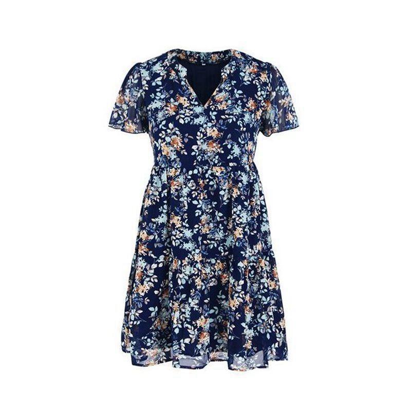 Floral Dress Women Spring Autumn V Neck Short Sleeve Loose Chic Printed S-XL