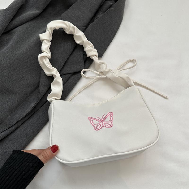 Cute Embroidered Bowknot Butterfly Shoulder Bag Women Pleated Handbag Half-moon Underarm Bag Fashion Oxford Nylon Bow Tote Bag