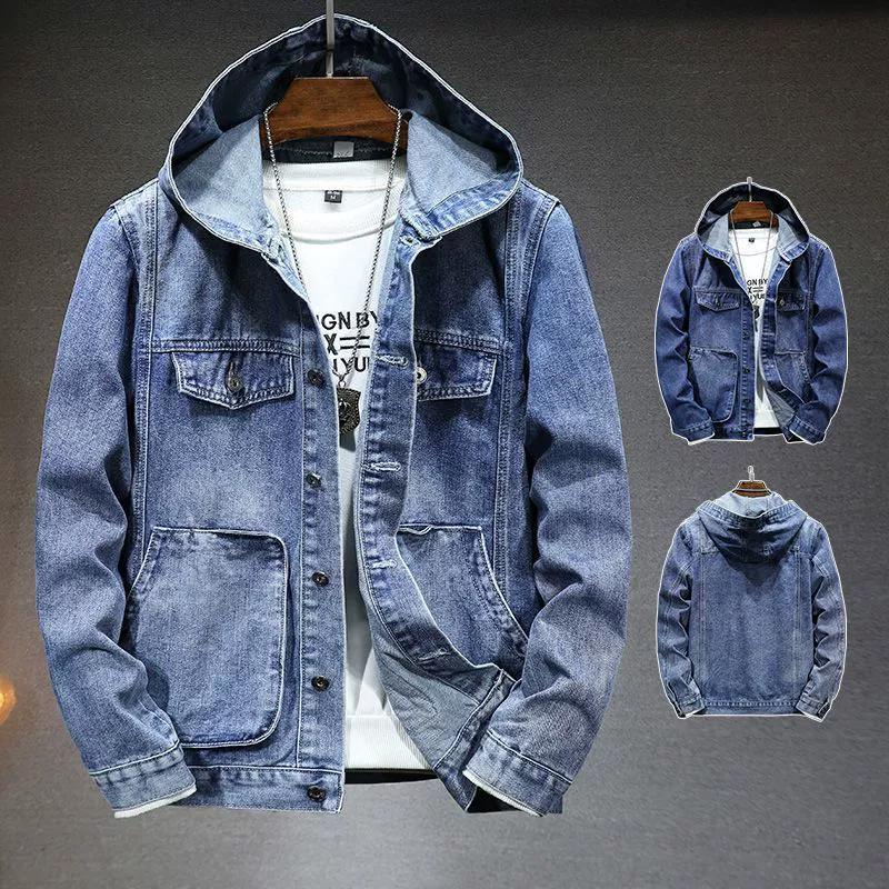 Men's Denim Jacket with Hood, Loose Fit, Slim Fit, Korean Version, Casual Large Pocket, Fashionable Social Clothing, Outerwear, Jacket