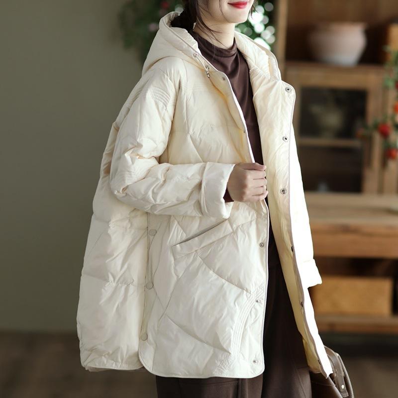 Winter Loose Hooded Medium and Long Down Jacket, Thin and Versatile Warm Single-breasted White Duck Down Women's Jacket