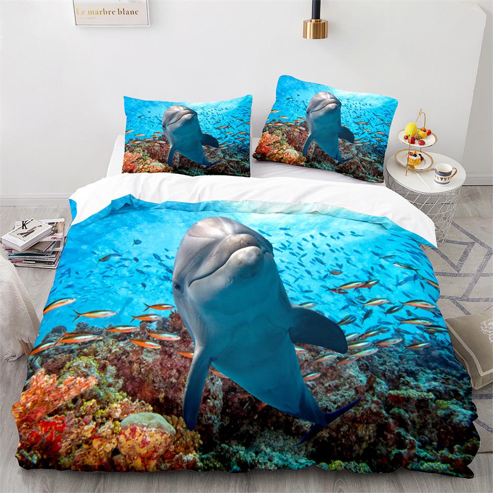 Пододеяльник Дельфин Размер Кинг-сайз Квин-сайз Прекрасный Постельный Комплект Морская Жизнь Для Детей Мальчиков Девочек Милый Океанский Животный 2/3шт Полиэстеровый Пододеяльник