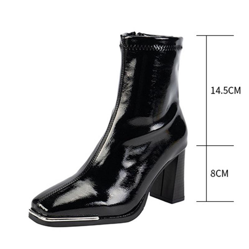 Autumn Winter Ankle Boots Women New Front Zipper Decoration Shoes Pantent Leather Square Toe Solid Thick High Heel Short Boots