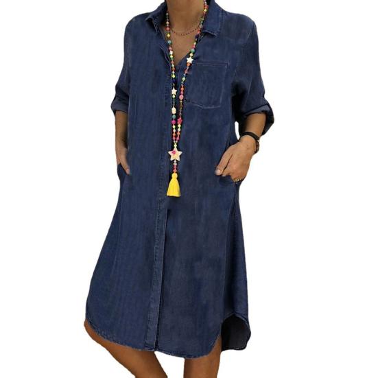 Women Dress Elegent Beauty Lady Dress Collar Splicing Summer Midi Long Lady Pocket Button Denim Loose Lapel Dress