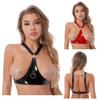 Womens Faux Leather Wire-free Unlined Bra Top Halter Straps Lingerie Nightwear
