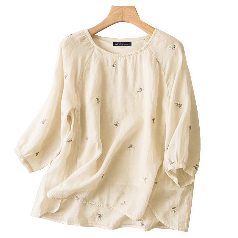 ZANZEA Женская повседневная летняя блузка с цветочной вышивкой и круглым вырезом с рукавами 3/4