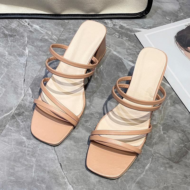 Women Sandals Ladies Square Heels Elegant Summer Slippers Outside Cross Tied Leather Female Slides Fashion Woman Sandals