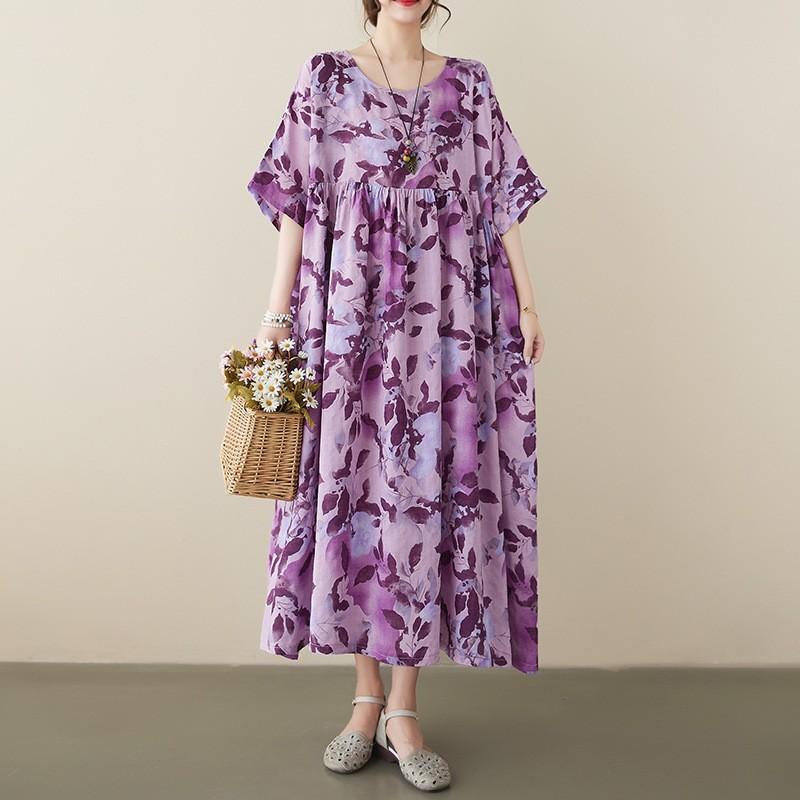 GMXIA Plus-size Women's Summer Chinese Style Flower Print Retro Artsy Dress Fat MM Skirt