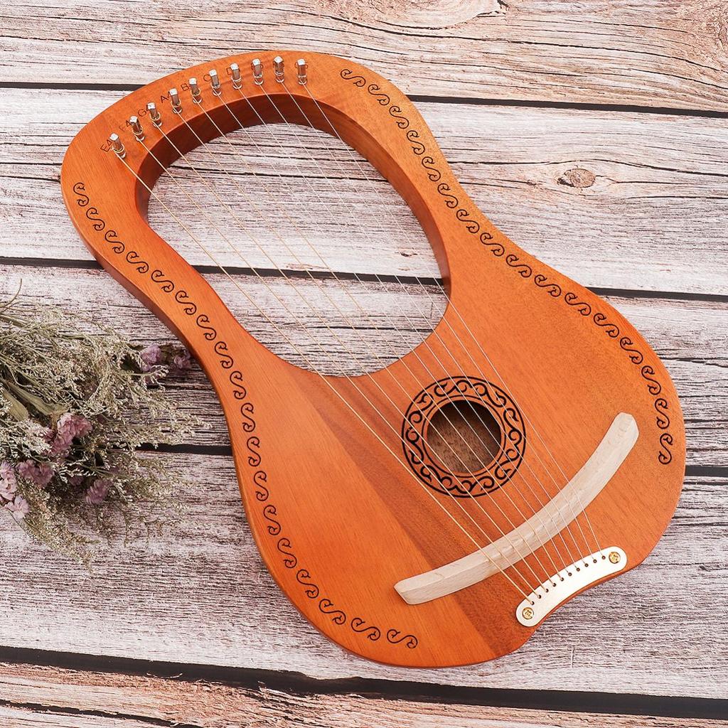 10 Strings Lyre Harp Solid Mahogany Wood Carving Reindeer with Tuning Hammer String Instrument