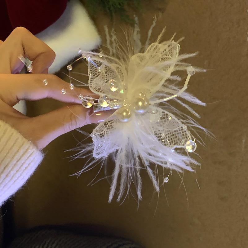 Goose Feather Butterfly Pearl Hairpin Super Fairy Sweet Niche Temperament Duck Bill Clip Fashion Light Luxury Bangs Side Clip Hair Accessories