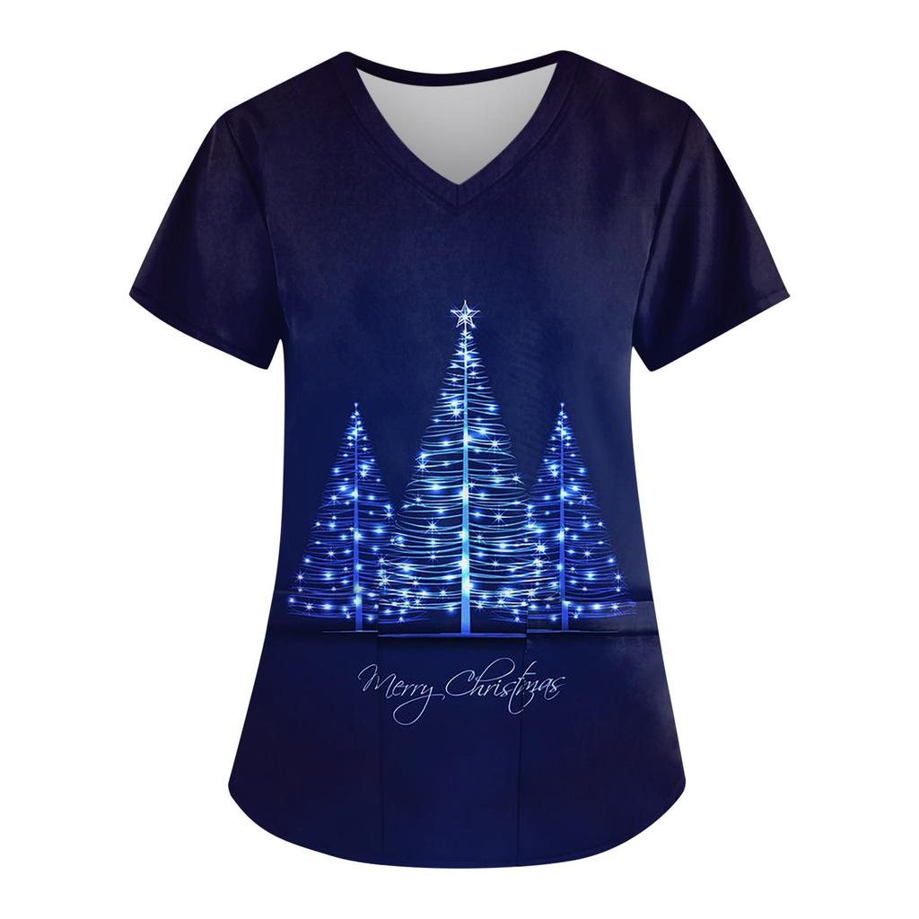 Women's Fashion Christmas Printed Short Sleeve V-Neck Top Small Pocket Work T-Shirt