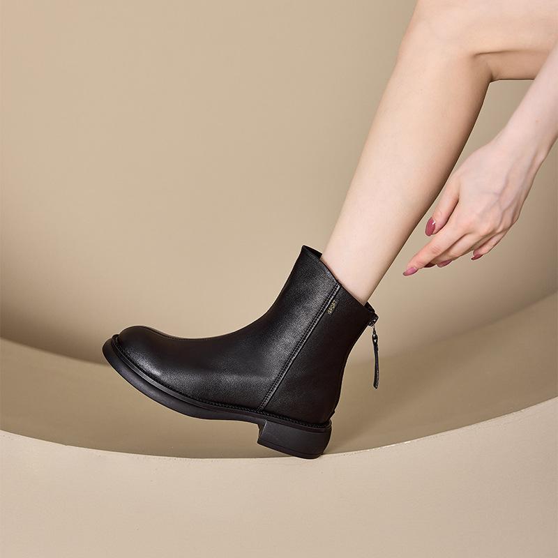 Autumn and Winter Plus Velvet Genuine Leather Women's Back Zipper Thin Female Boots Retro Mid-Top Large Size Casual Shoes