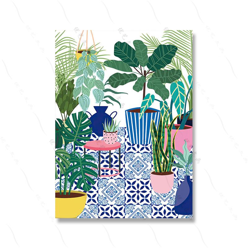 Greek Tile Botanical House Plants Art Nordic Poster Home Decor Boho Retro Vase Leaves Pictures Modern Wall Art Canvas Paintings