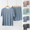2Pcs/Set Men Loungewear O-Neck Short Sleeve Tops Elastic Waist Wide Leg Shorts Set Solid Color Ice Silk Homewear Seamless Pajama Set