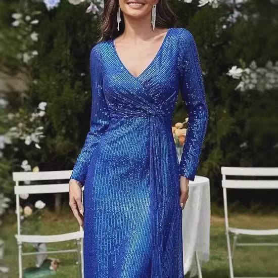 Spring Solid Color Sequin Long-Sleeve Evening Dress - 5 Colors