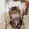 Large Size Casual T-shirt, Women's Plus Cute Cat Print Long-sleeved Round Neck Micro-elastic T-shirt