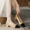 Brand Black & Beige Leather Patchwork Pumps Women Thick Heel Dress Shoes Square Toe Tacones Shallow Mouth Low Heel Pumps Women