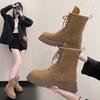 Fashion New Western Boots Women Shoes Leather Suede Patchwork Botines Thick Med Heel Platform Leisure Ankle Boots Ladies Shoes