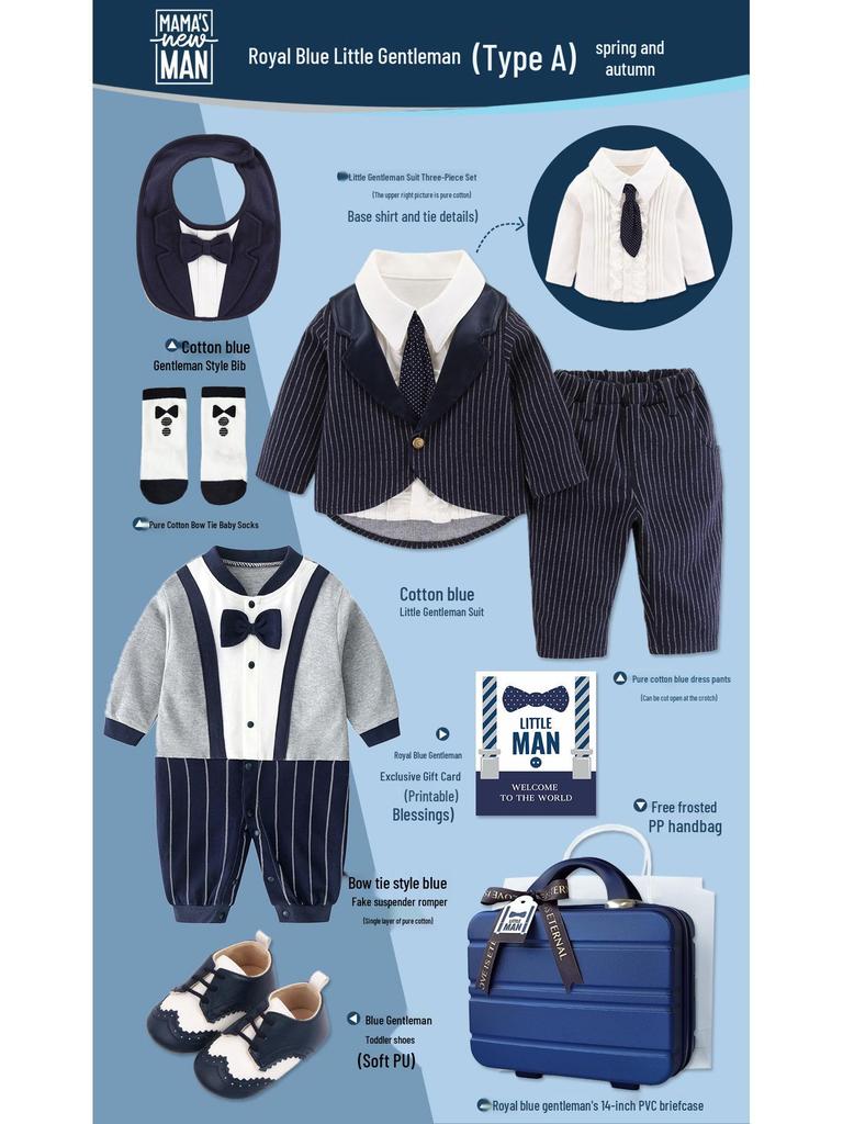 Royal Blue Baby Boy Gentleman Suit Gift Set for Autumn/Winter - Perfect for First Birthday, Full Moon, or Hundred Days Celebration