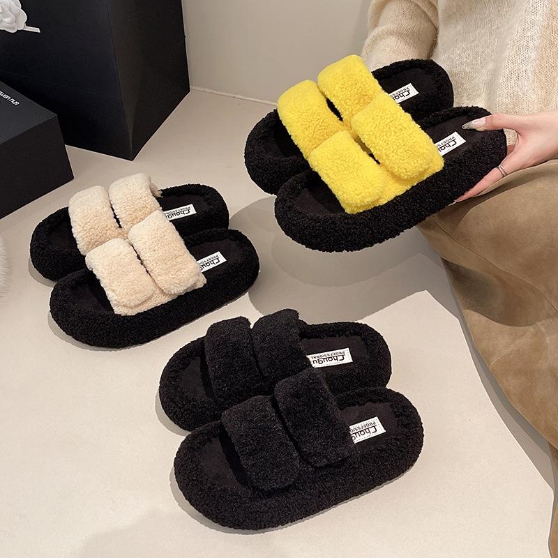 Fairy Wind Thick-soled Fluffy Slippers Female Outer Wear 2025 Autumn and Winter New Parallel Bars High-end Fashion Home Plush Slippers