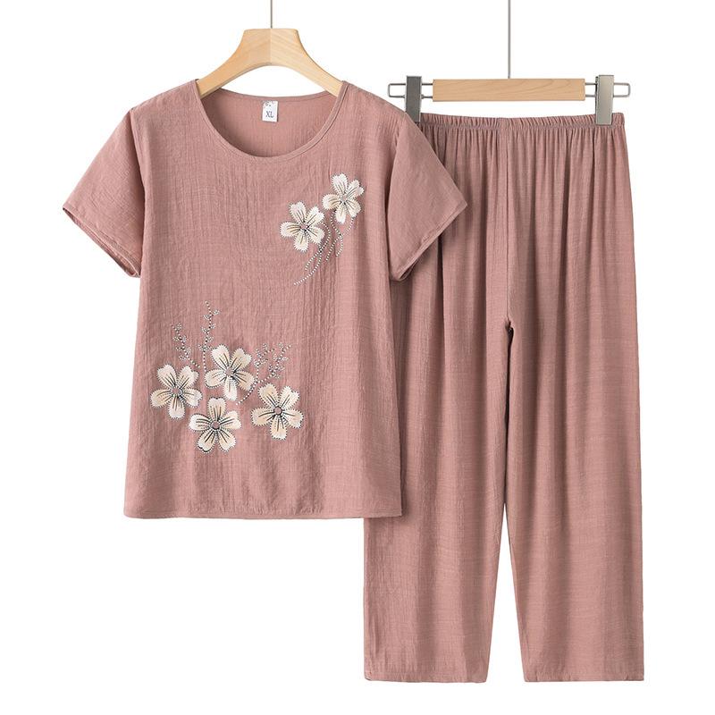 Elderly Women's Cotton Linen Short Sleeve Two-Piece Summer Outfit