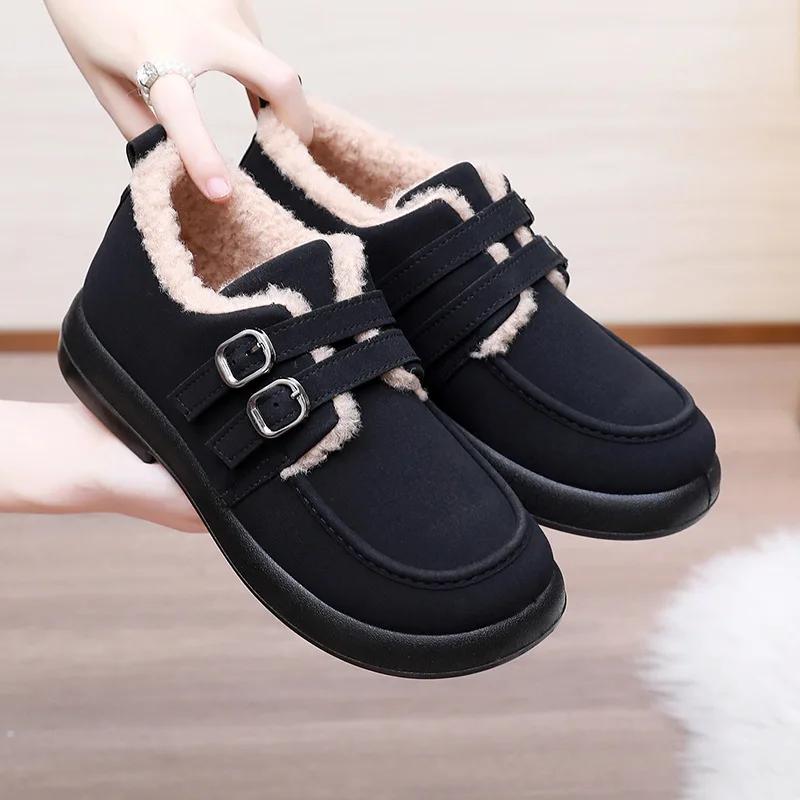 Fashion Woman Casual Cotton Boots Solid Color Comfortable Fur Loafers Women Winter Warm Footwear Female Double Buckle Plush Flat Shoes