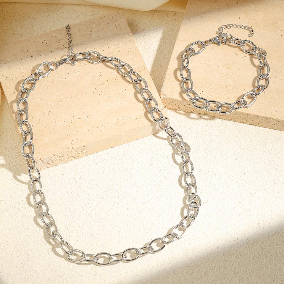 Htpwe Stainless Steel Glossy Chain Bracelet Necklace Set For Women 18k Gold Couple Holiday Gift Set Party Daily Zircon