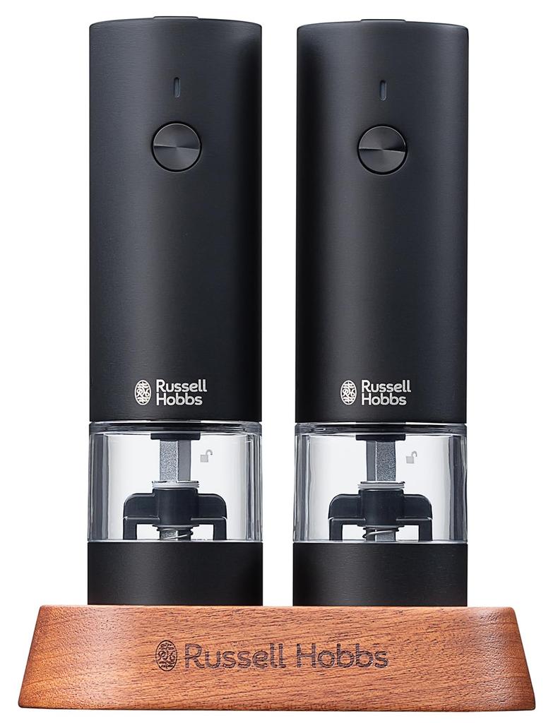 RUSSELL HOBBS Electric Salt & Pepper Mill, Rechargeable, for Rock Salt, Pepper, and Spices, Adjustable Coarseness, Mini, Set of 2, Black, 7942JP-BK