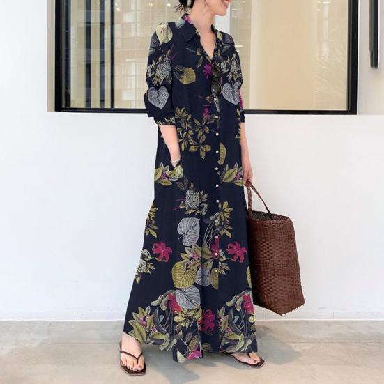 Dress Loose Colorful Flower Print Ankle Length Long Sleeve Pockets A-line Lapel Single-breasted Soft Breathable Maxi Dress