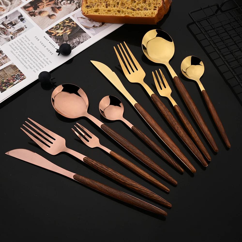 20Pcs Dinnerware Set Stainless Steel Silver Imitation Wooden Handle Clamp Western Knife Fork Spoon Cutlery Tableware Silverware
