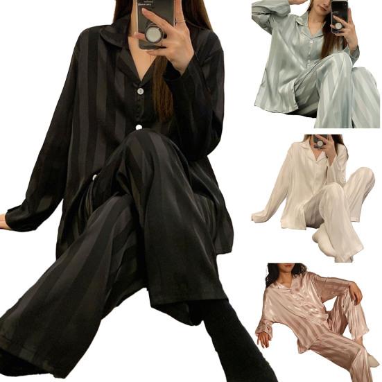 2 Pcs/Set Women Spring Summer Pajama Set Striped Silky Ice Silk Lapel Long Sleeve Loose Single-breasted Wide Leg Homewear Shirt Pants Set Sleepwear