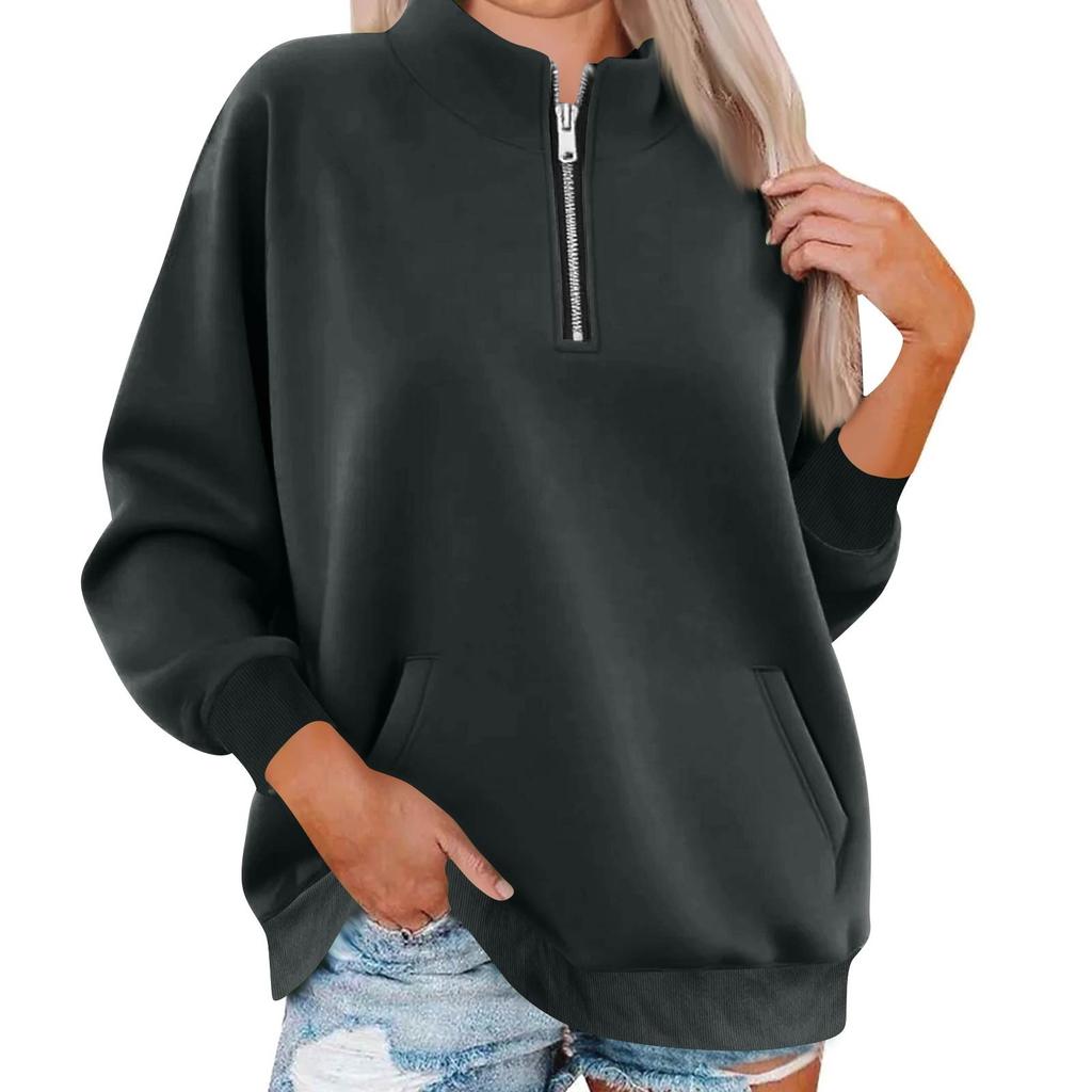 Women's Fashion Long Sleeve Loose Oversize Solid Color Half Zipper Neck Sweater Top With Pockets