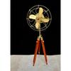 Antique Brass Pedestal Floor Fan Vintage Style With Wooden Tripod Stand Decor